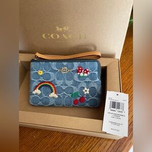 NWT Coach Corner Zip Wristlet with Colorful Embroidery in Signature Denim